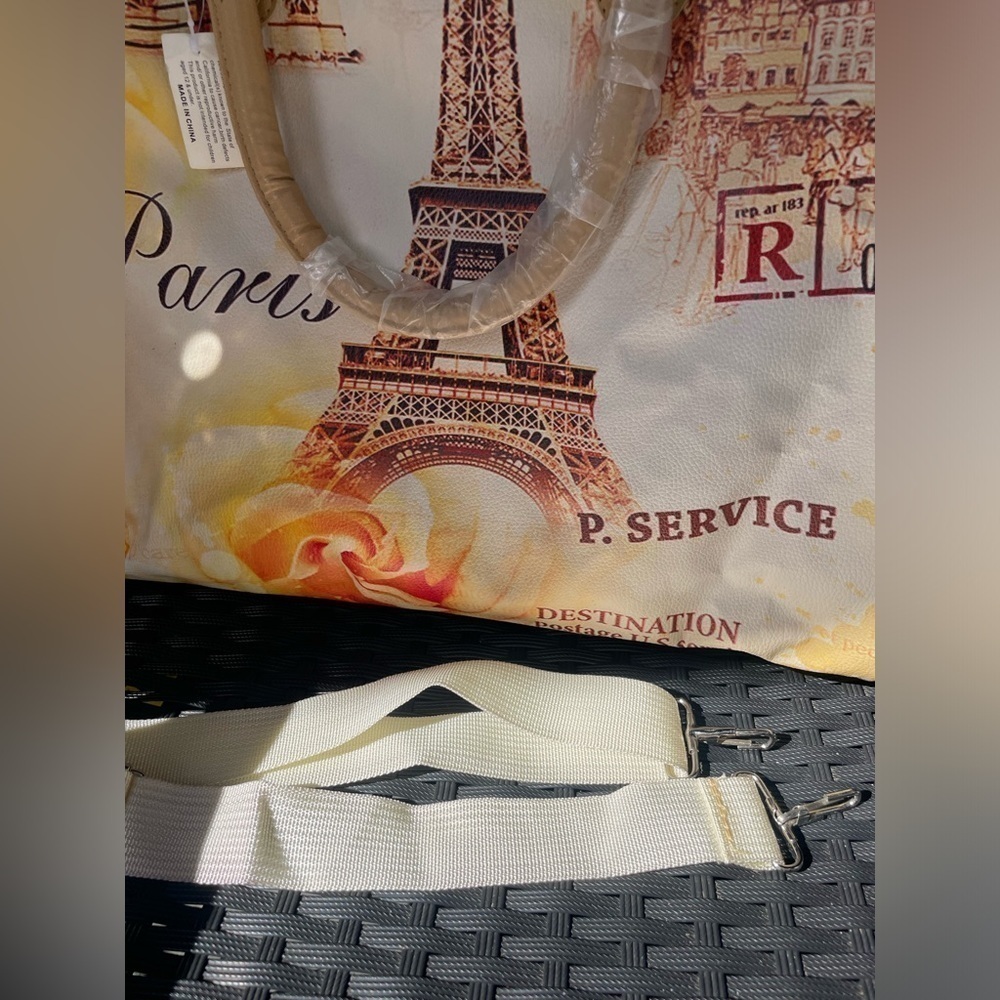 Women’s Bag,Paris Print Women's Bag - Tan and Cream,travel Bag, - Picture 9 of 11